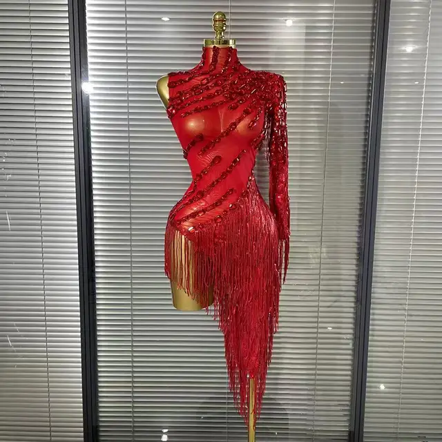 Black Red Women Sexy One Shoulder Shinning Crystal Sequins Tassels Bodycon Mid-calf Dress Nightclub Party Bar Dancer Costumes