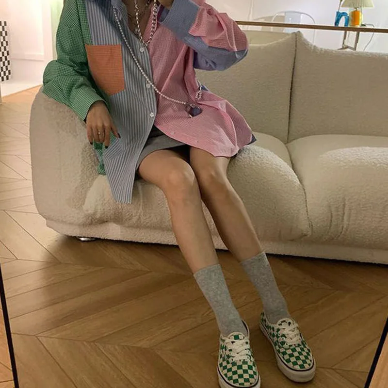 2024 Spring Autumn New Fashion Patchwork Multicolor Blouse Female Casual Trend Pocket Turn-down Collar Cardigan Long Sleeve Tops