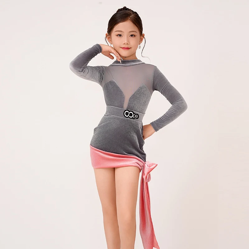 2024 New Velvet Latin Dance Costumes Girl's Prom Grey Practice Clothes Kid ChaCha Samba Dresses Stage Performance Wear XH843