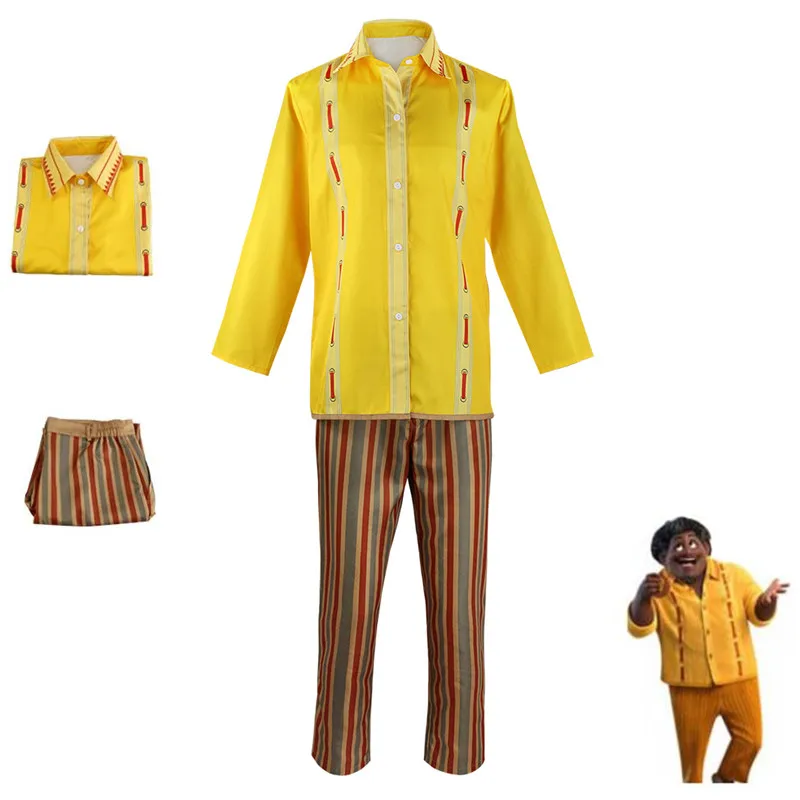 

Anime Movie Encanto Felix Pepa Dolores Cosplay Costume Yellow Printing Shirt Striped Trousers Man Woman Halloween Carnival Suit