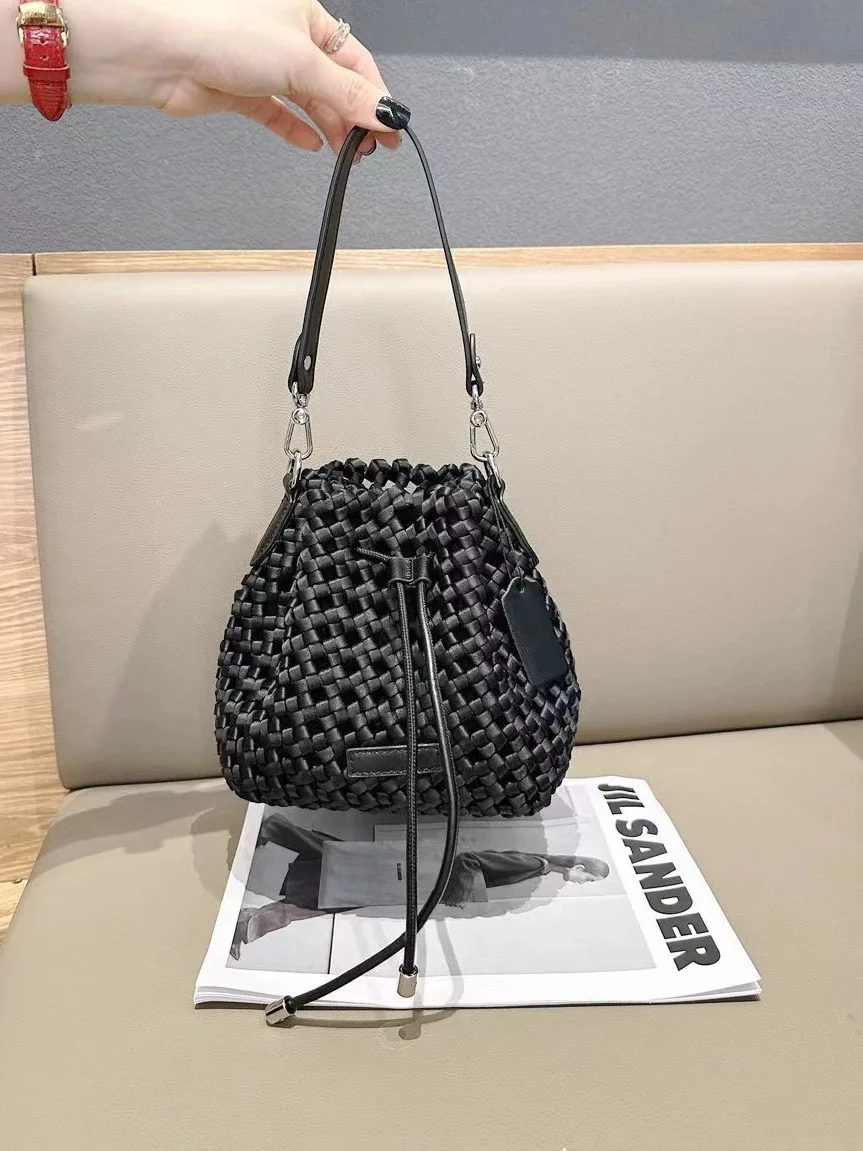 Woven bag polyester crossbody Bucket bag handbags for women luxury fashion large capacity beach travel cream handbag casual