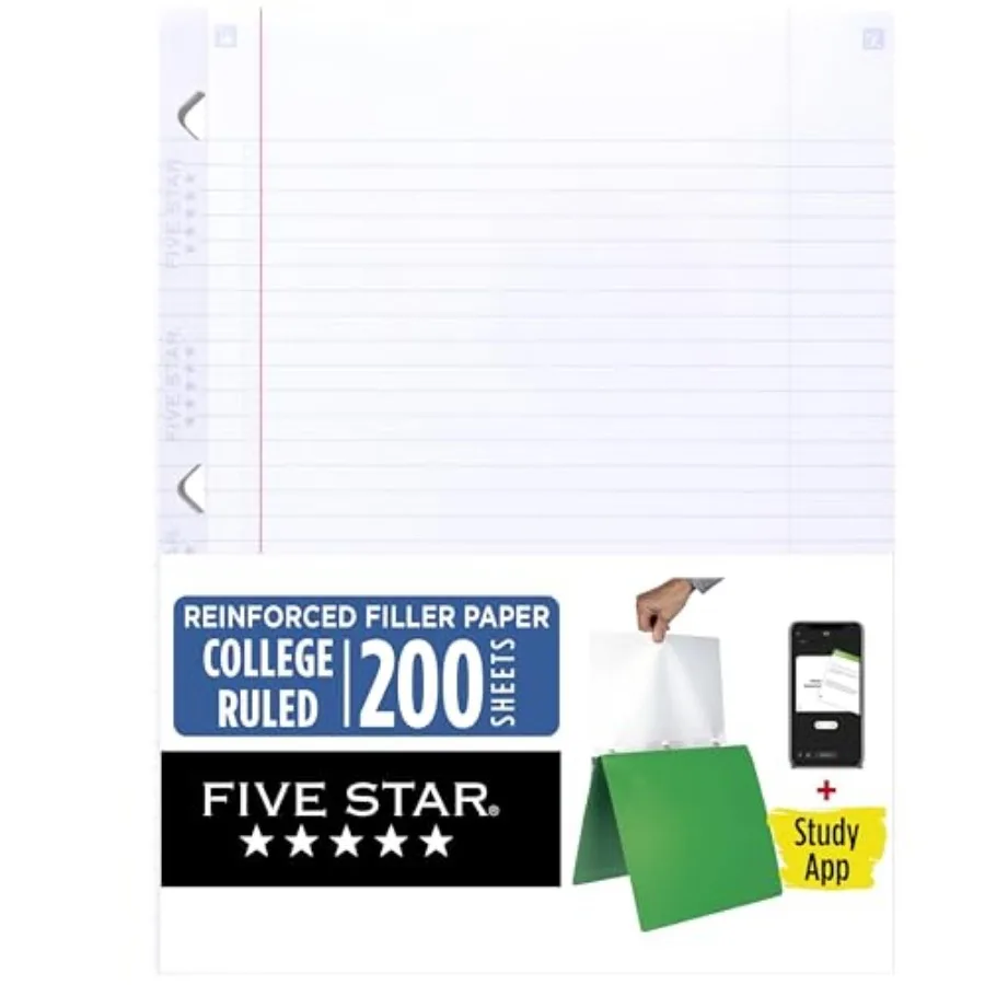 

Five Star Loose Leaf Paper + Study App, College Ruled Filler Notebook Paper, Reinforced, Fights Ink Bleed, 8-1/2" x 11", 200 Sh