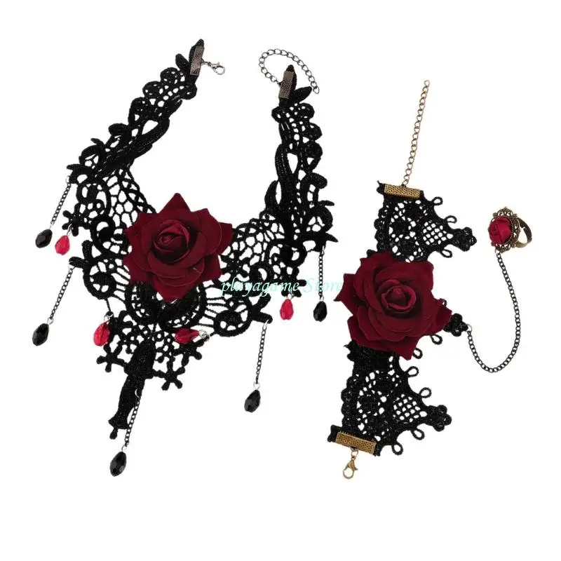 Y88A 2pcs Gothic Lace Choker Necklace Finger Rings Bracelet Halloween Costume Accessories Jewelry for Women Girls Gift
