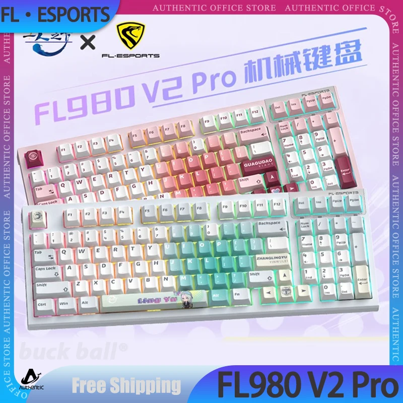 FL·ESPORTS FL980 V2 Pro Mechanical Gamer Keyboard 3Mode 2.4G Bluetooth Wireless Keyboard RGB Customized Game Anime Keyboard Gift