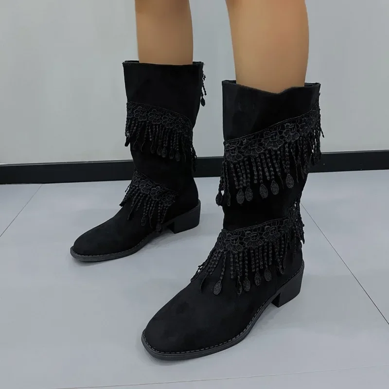 2023 Brand Shoes for Women Slip-on Women's Boots Fashion Fringe Office and Career Hot Sale Square Heel Mid-Calf Shoes Female