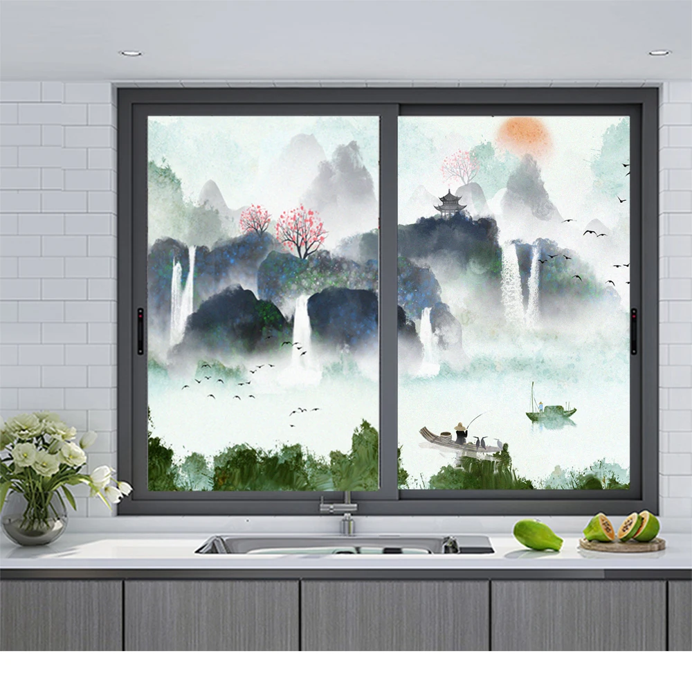 

Privacy Windows Film Scenery Decorative Window Stickers No Glue Static Cling Frosted Windows Film for Home