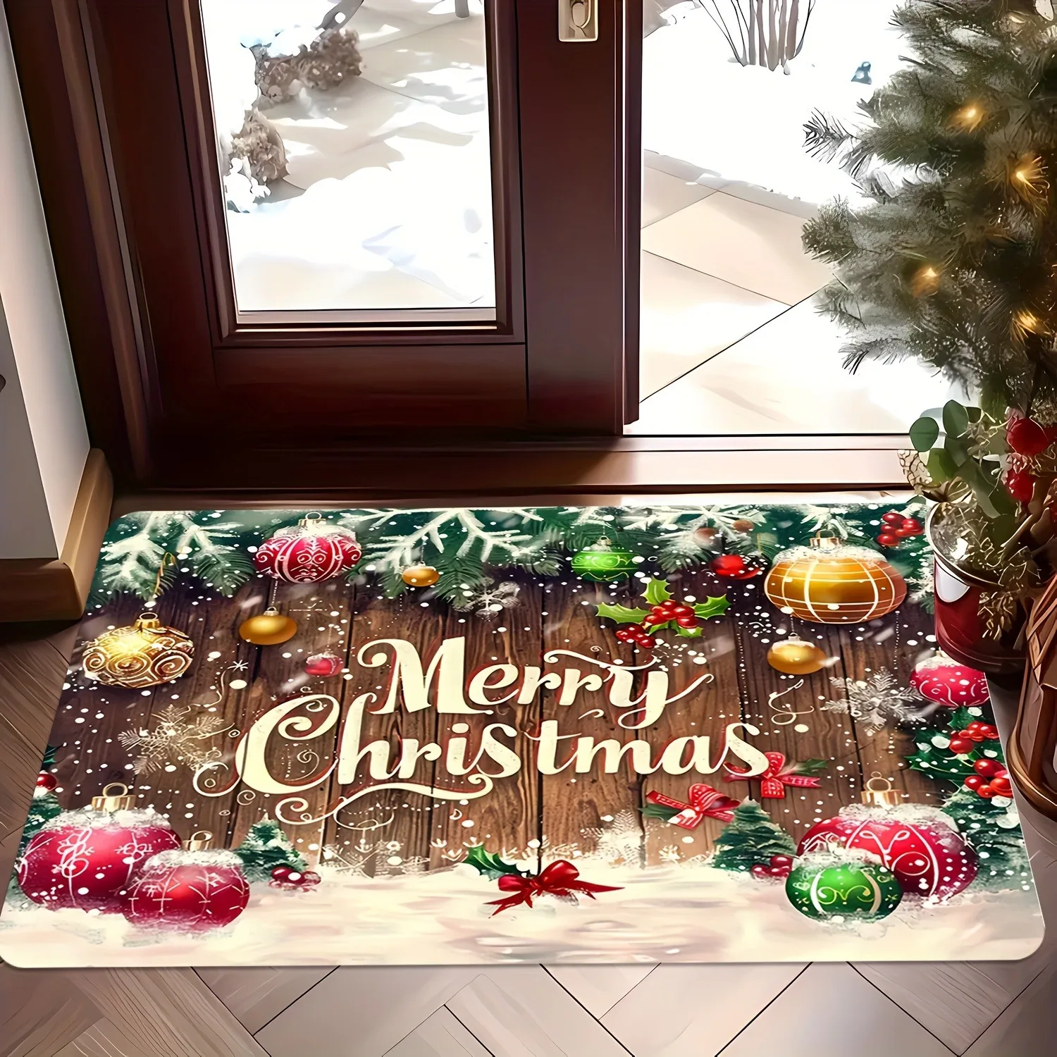 Merry Christmas welcome door mat with colored ball pattern design non-slip floor mat suitable for home room bathroom kitchen