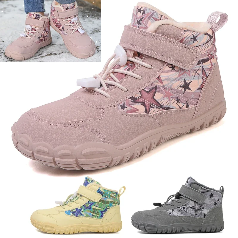 New boys' wide-toe barefoot boots, kids/old kids waterproof ankle winter snow boots | plus velvet warm outdoor winter boots