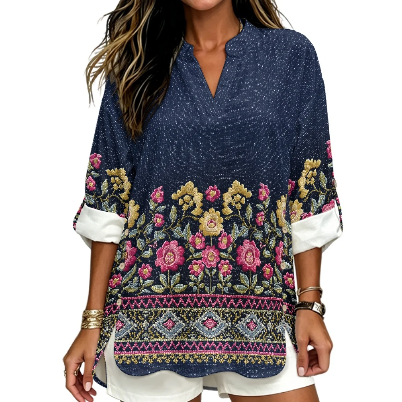 PENSTROLL Roll-Up Linen Like Casual Blouses Breathable V Neck Blouse for Party Vintage Floral Border Print