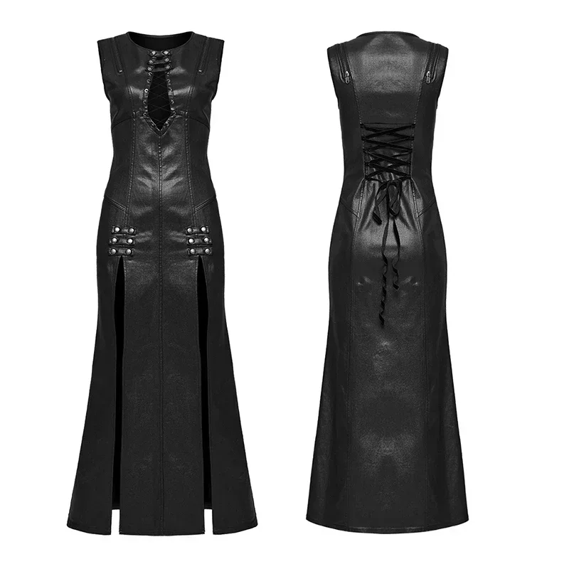 PUNK RAVE Women\'s Punk Front Are Hollowed Out Drawstring Design Patent Leather Dress Slim Sleeveless Summer Women Clothing