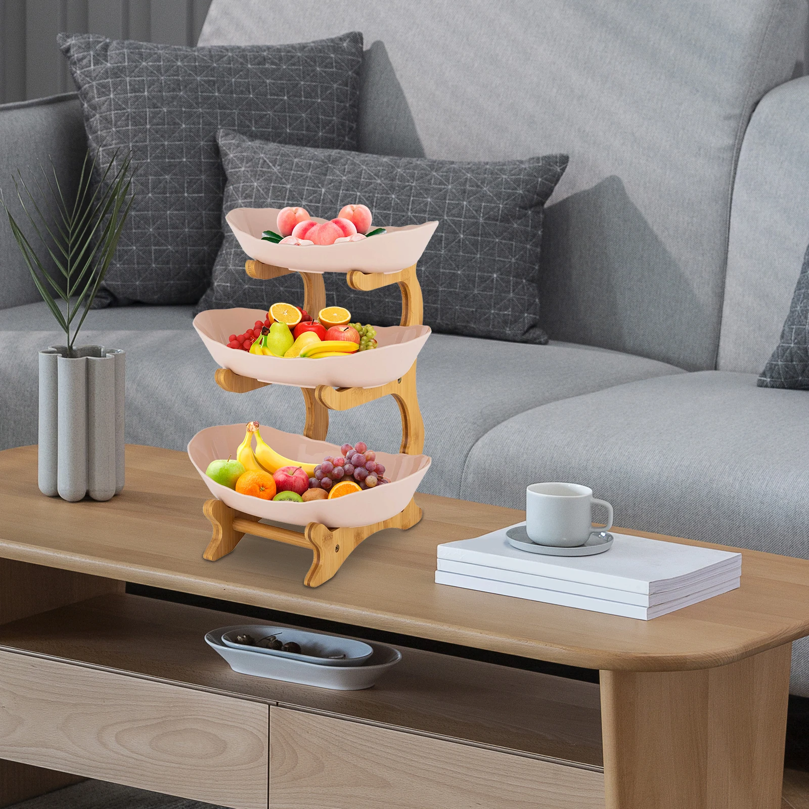 3-stöckiger Obstschalen-Ständer mit Beigefarbenen Schalen, Bambus und Holz Etagen-Obstschale für Küchentheke Große Platzsparende Obstkörbe