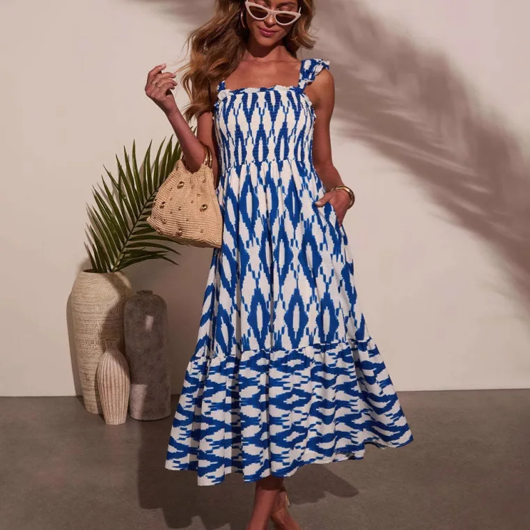 

Women's New 2026 Summer Dress: Printed, Sexy Square Neck, Waist-Cinching, Ruched, Strapless, Flared Dress