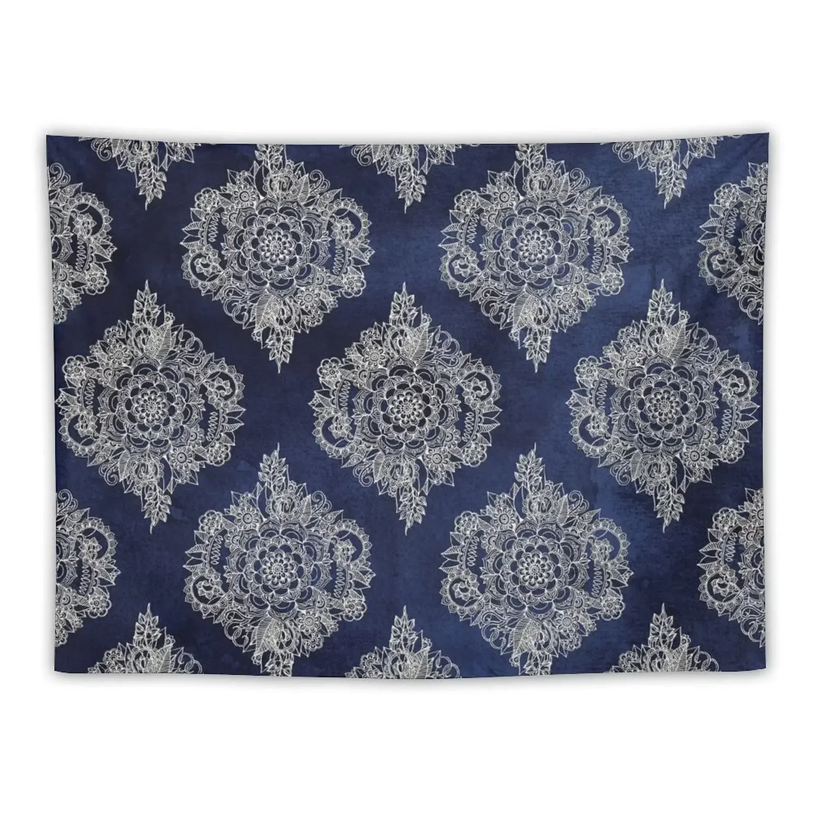 Cream Floral Moroccan Pattern on Deep Indigo Ink Tapestry Funny Wall Art Tapestry