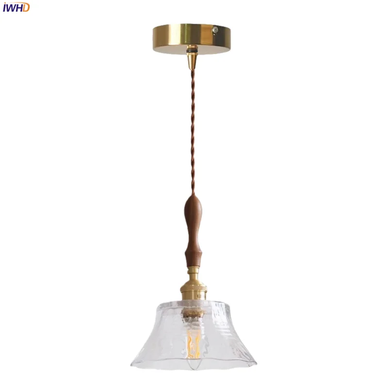 

IWHD Clear Glass LED Pendant Lights Kitchen Island Bedroom Restaurant Wood Handle Japan Vintage Hanging Lamp Lighting Luminaria
