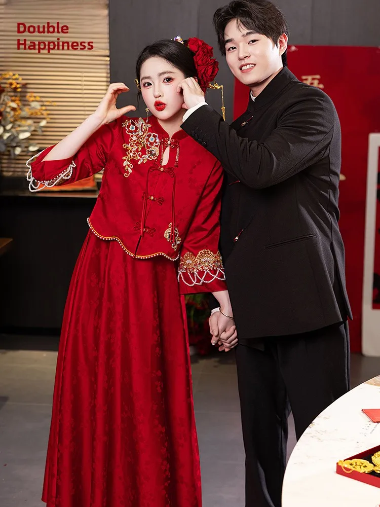 

Новый китайский свадебный комплект для беременных: юбка А-силуэта с высокой талией и вышивкой, платье для беременных, скрывающее живот