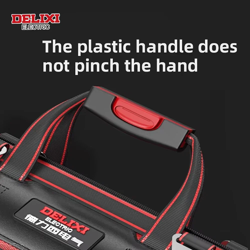 DELIXI Professional Electrician Tool Bag - 1680D Heavy-Duty Nylon with Plastic Base Reflective Safety Strips for Organizing Tool