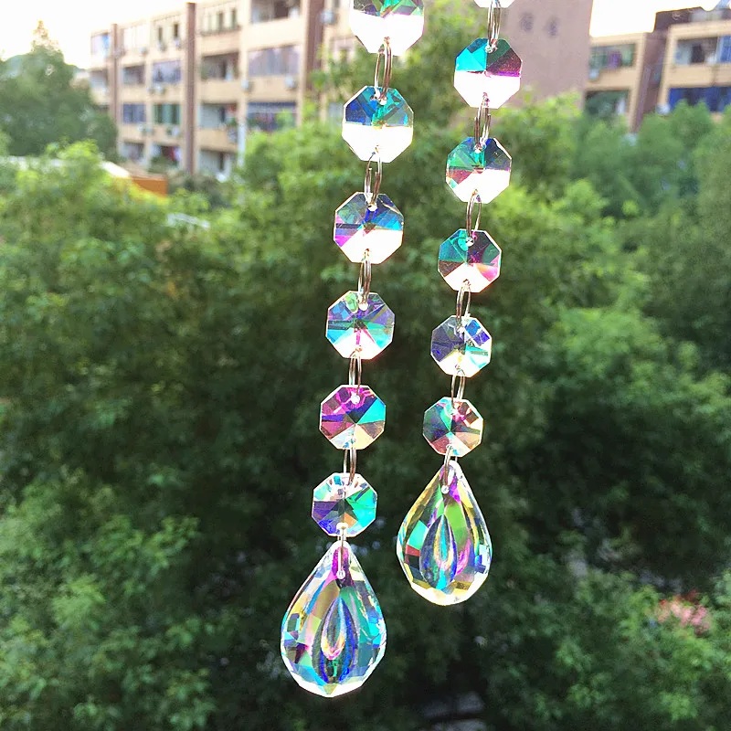 

12pcs/lot Luxuriant Crystal Octagon Rainbow Beads With Clear AB Chandelier Pendants For Ligthing Parts Christmas tree Decoration