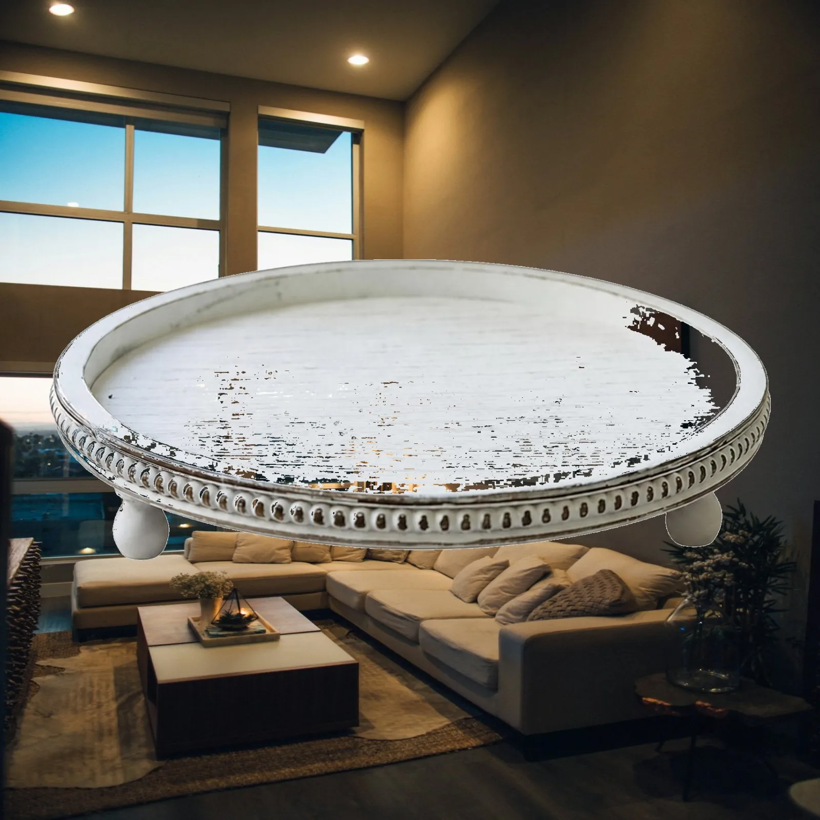 Round Wooden Decorative Tray for Entryway Console with Raised Rim and Short Feet for Jewelry and Trinket Display