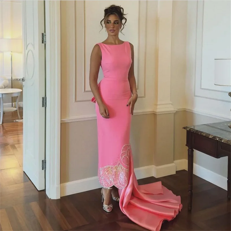 Peach Pink Evening Dress Customized Scoop Sleeveless Sequined Butterfly Ankle Length Sheath Cocktail Party Gown Saudi Arab