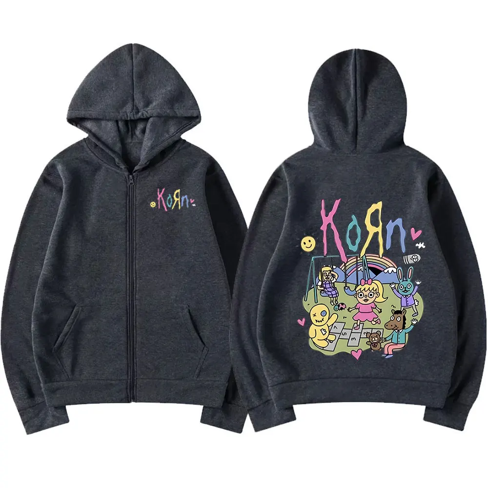 Korn Cartoon Rock Band Music Zipper Hoodie Men's Women's Vintage Metal Gothic Oversized Zip Up Sweatshirt Streetwear Jackets