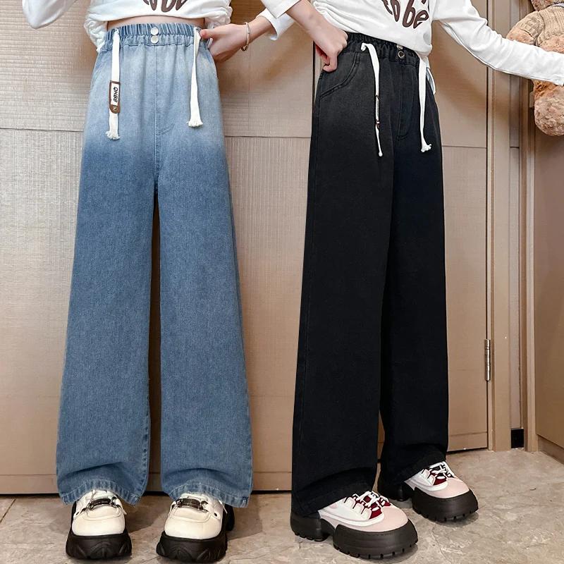 Children y2k Retro Washed Drawstring Jeans For Girl Korea Fashion Black Blue Denim Pants New Autumn Kids Straight Jeans Trousers