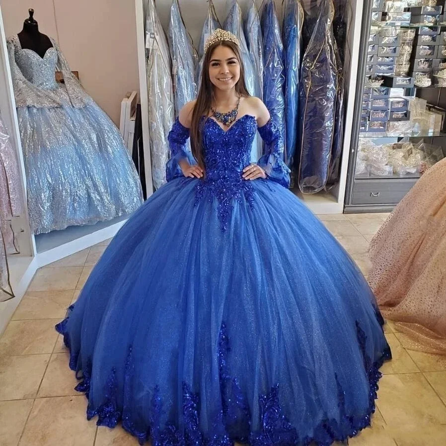 Abnehmbare Ärmel Ballkleid Quinceanera Kleider Mode Applikation Königsblau Sweet 15, Prinzessin Partykleider Plus