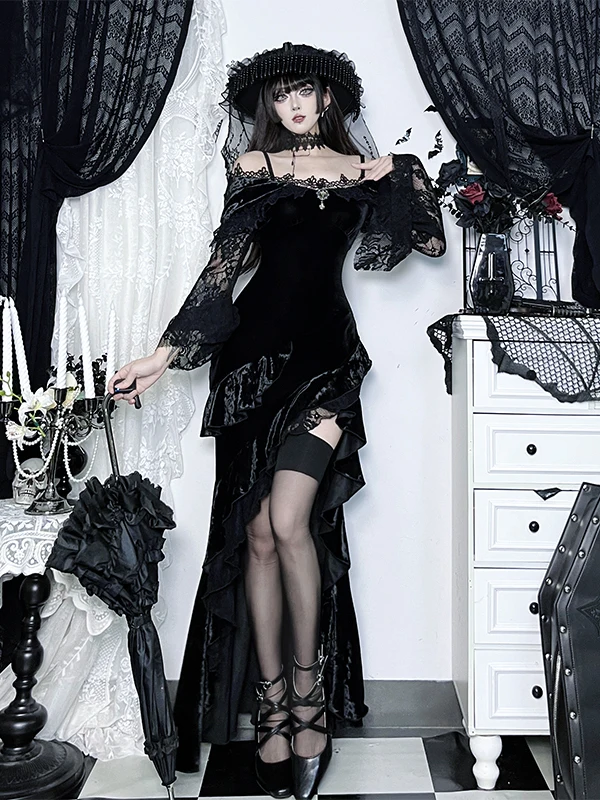 

loween Gothic k Velvet Gem Pendant Split Fi Tail Dr Women Sexy Long Dr High Waist Irregular Hem Long Sve