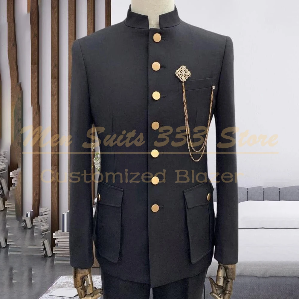 

Fashion Suits for Men Black Single Breasted Stand Lapel Slim Fit 2 Piece Jacket Pants Outfits High Quality Male Clothing Costume