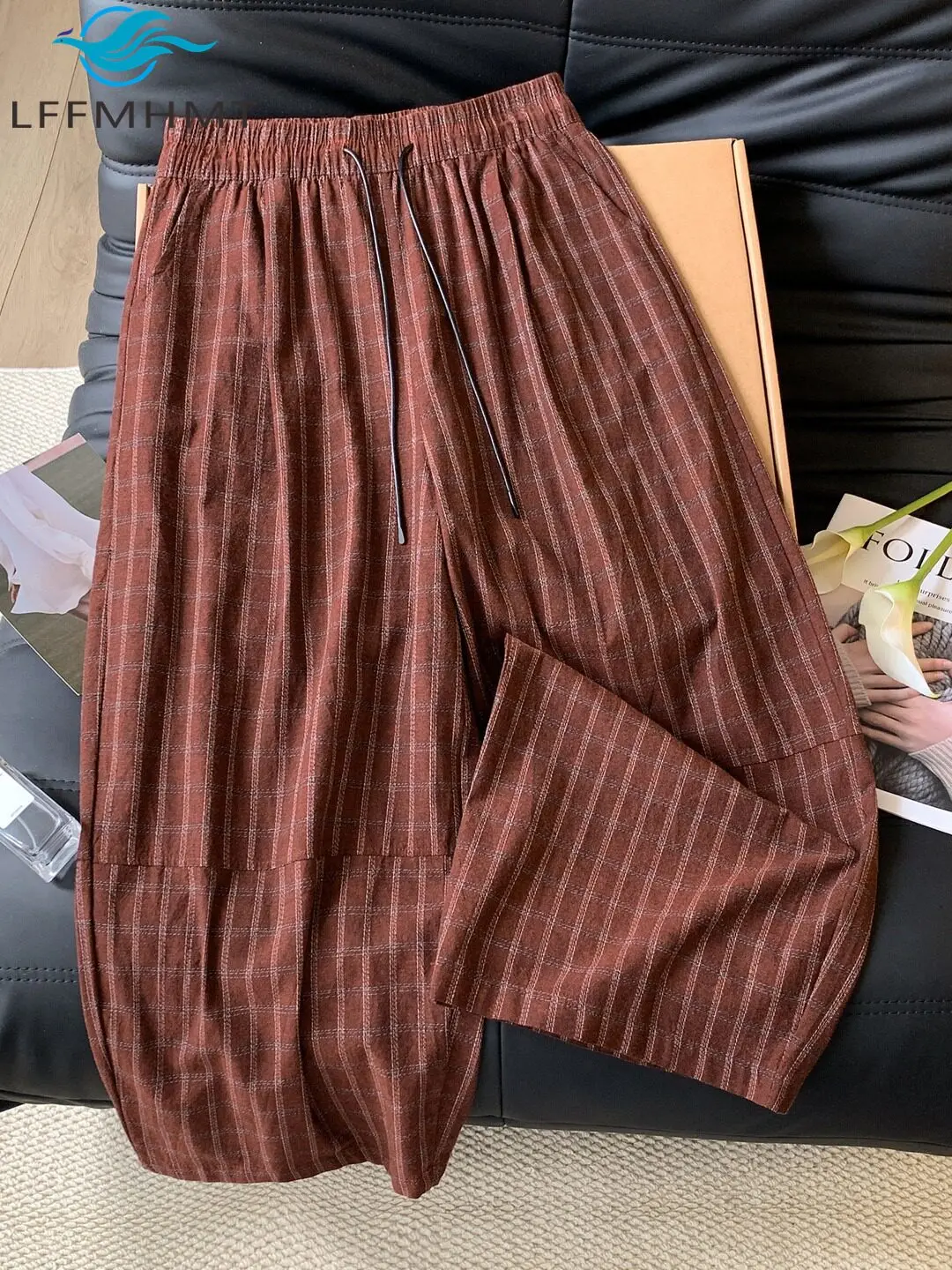 Women Fall Color Block Plaid Linen Blend Harem Pants Loose High Waist Wide Leg Retro Casual Comfort Layering Versatile Trousers