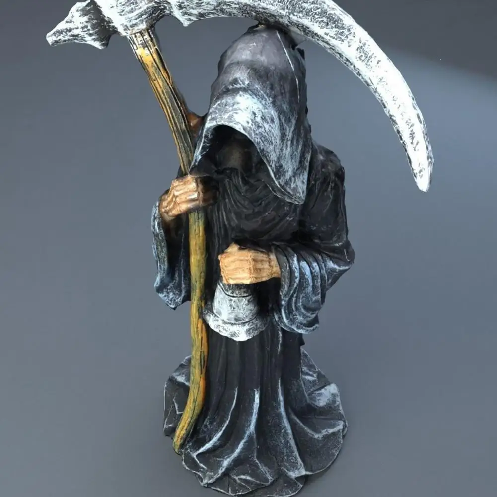 Spooky Garden Ornament Grim Reaper Statue Resin Hooded Figurine with Sickle Bell Spooky Tabletop Ornament for Home Office Decor