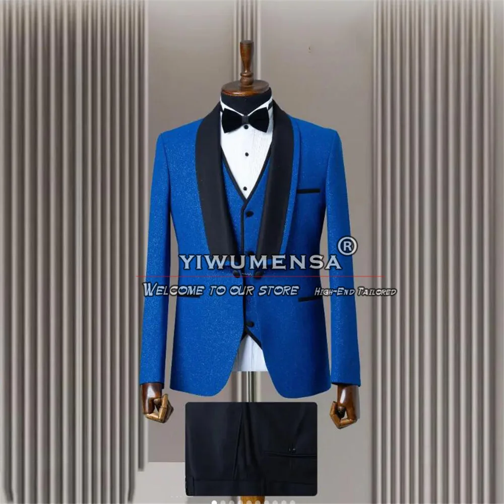 

Royal Suits Men For Wedding Black Lapel Lurex Jacket Vest Pants 3 Pieces Formal Groom Tuxedos Custom Made Business Man Blazers