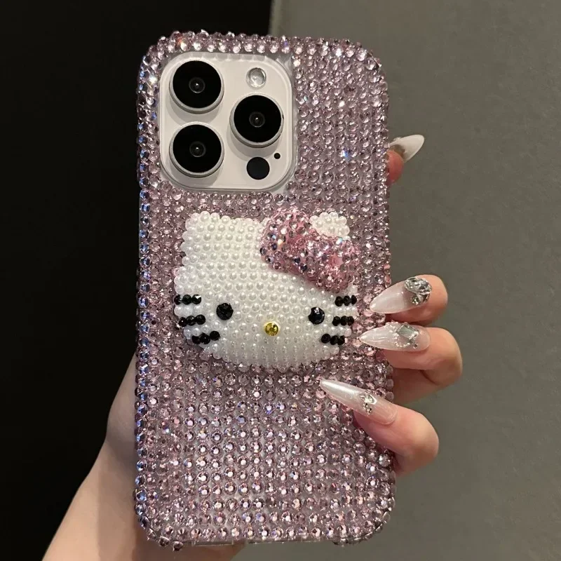 Kawaii Sanrio Hello Kitty DIY Phone Case Suitable for IPhone 15 1413 16 ProMax Y2k Flash Diamond All Inclusive Transparent Case