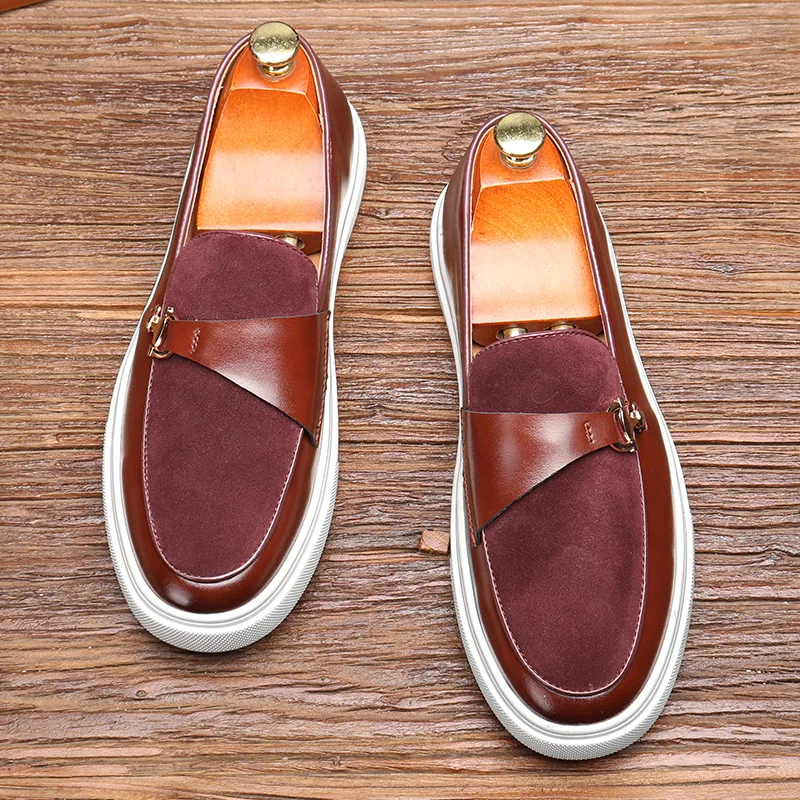 Men's Suede Casual Shoes Embossed Leather Men Fashion Buckle Loafers Mens Slip-on Board Shoes Outdoor Flats Big Size 38-46