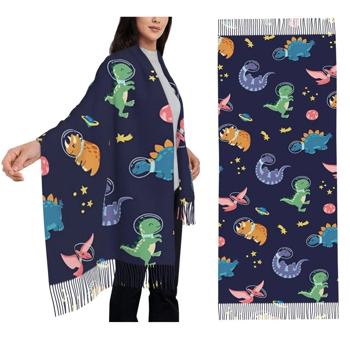 Dinosaur Dinosaurs In Space Scarf Tassel Scarves for Women Soft Warm Shawls and Wraps Large Fall Winter Shawl Wrap