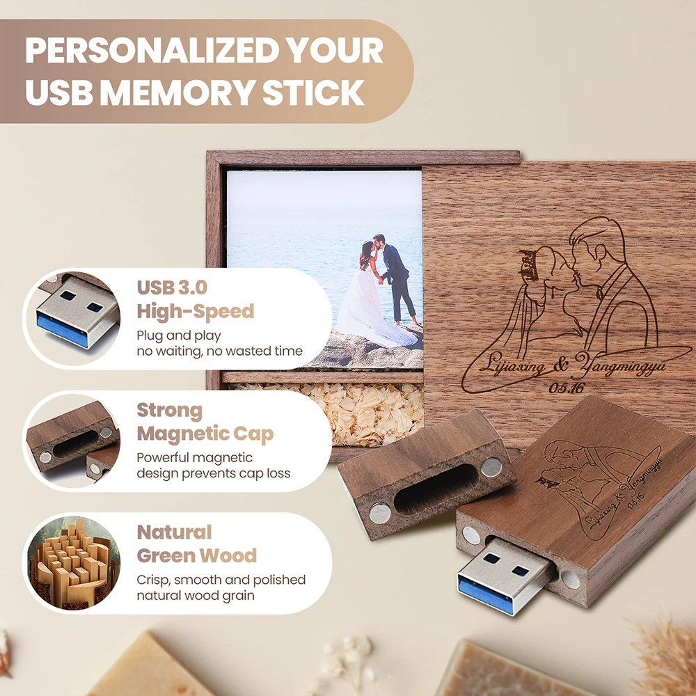 محرك فلاش USB 3.0 خشبي جديد 64 جيجابايت مع صندوق الألبوم ذاكرة عصا 32 جيجابايت شعار مخصص مجاني بندريف 16 جيجابايت استوديو التصوير U القرص 8G