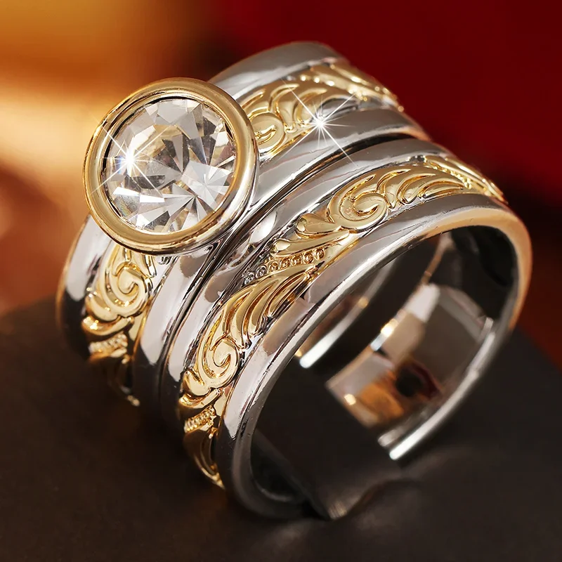 Ladies' Layered Gorgeous Ring Set Vintage Embossed Grass Pattern Inlay Cubic Zircon Two Tone Ring Banquet Party Charm Jewelry