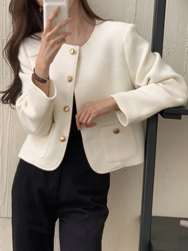 

Шикарное женское пальто в стиле ретро Faion round Ne Metal Bule, универсальный утягивающий топ Jaet, корейский свободный крой, твидовое...