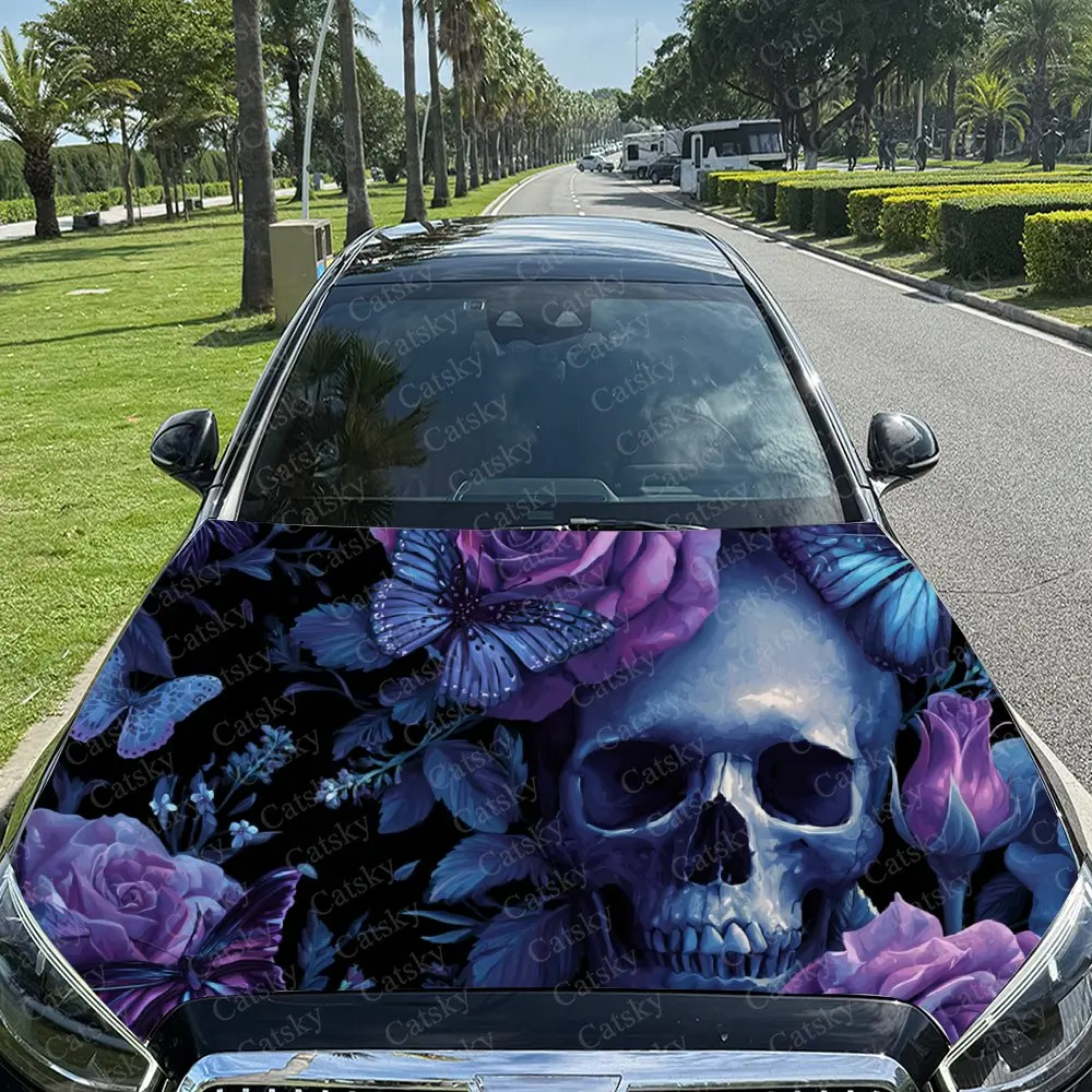 Car Decal Purple-Blue Floral Skull with Butterfly Elements in Dark Gothic Design, Creating a Bold and Enchanting Visual Car Hood