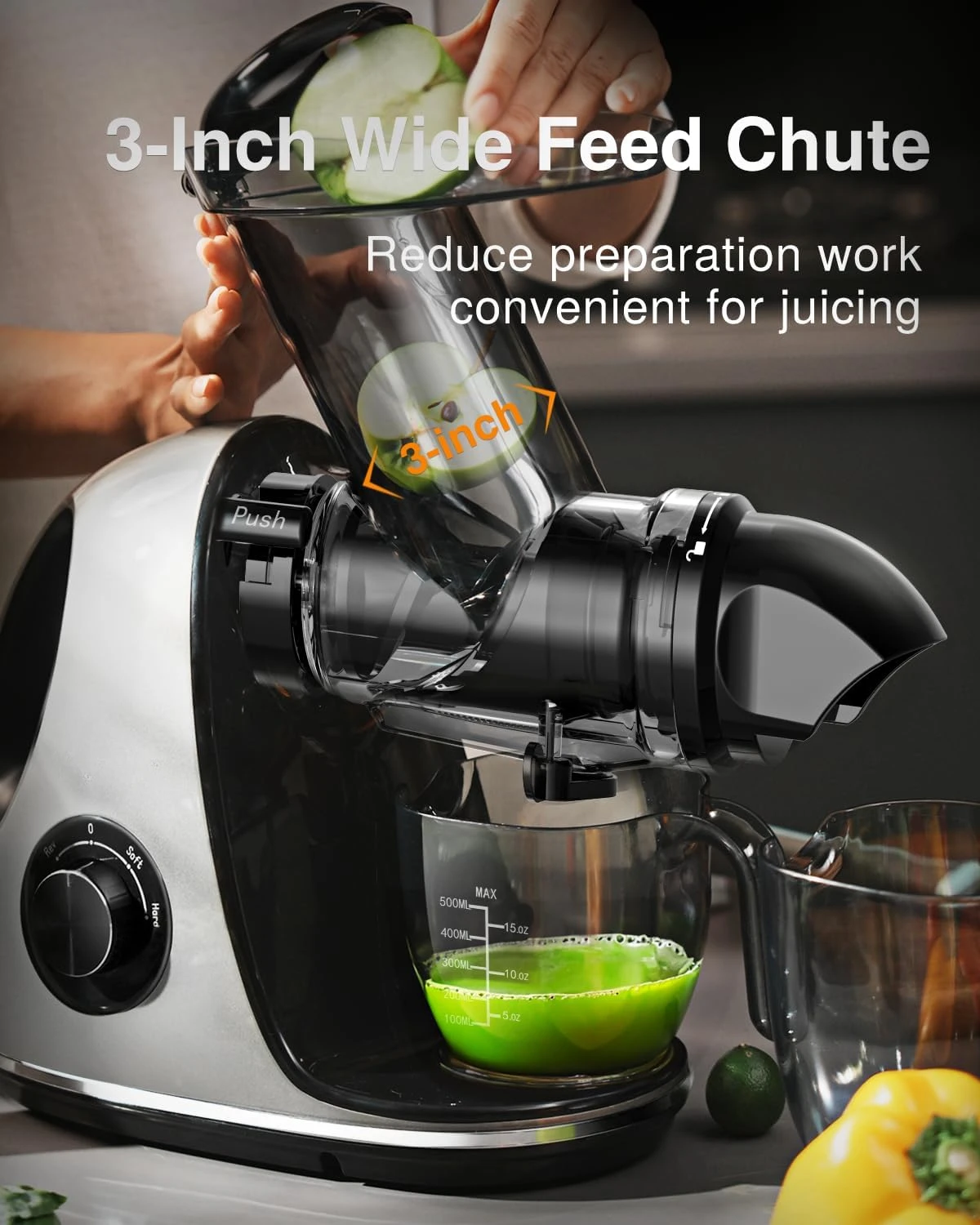 HAOYUNMA Juicer Machines, Masticating Juicer machines with 3-Inch Wide Chute, 2-Speed Modes & Reverse Function