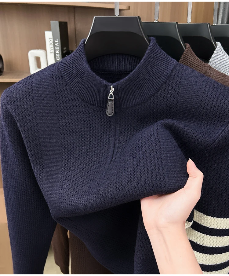 Hochwertige Reißverschluss Kragen Pullover Männer Neue Trend Persönlichkeit Streifen Zipper Herbst Winter Komfort Warm Stricken Sweater – Detail 11