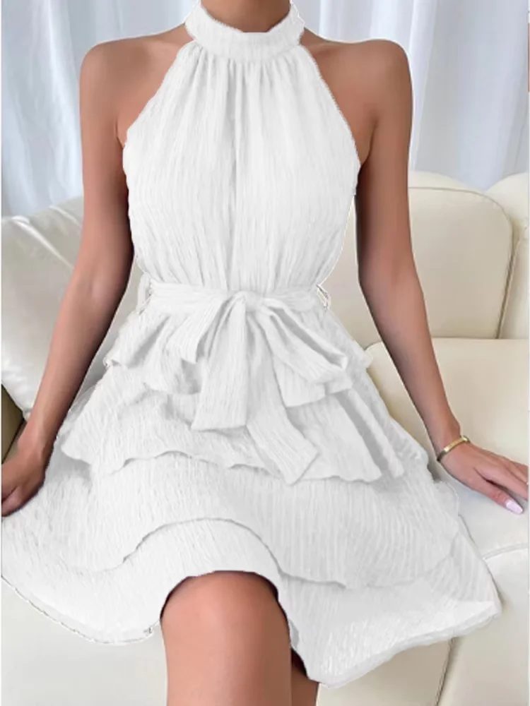 Stylish Sleeveless Off Shoulder Multi-Layered Ruffle Edge Dress Women\'s Solid Color Mini Dress Party A Line Dresses
