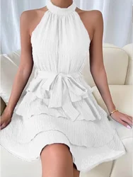 Stylish Sleeveless Off Shoulder Multi-Layered Ruffle Edge Dress Women's Solid Color Mini Dress Party A Line Dresses