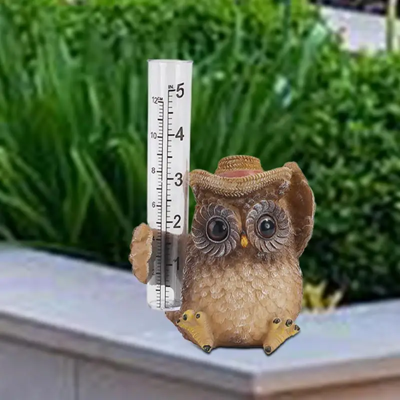 Resin Owl Rain Gauges Garden Resin Owl Decor Outdoor Rain Gauge Gardening Rain Catcher Tube Photography Props Animal Sculpture