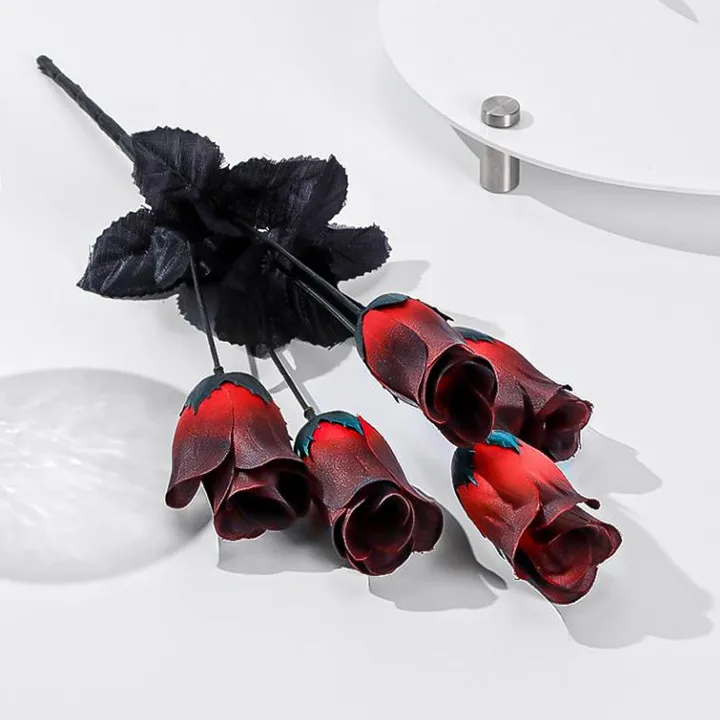 Gotische Rot-Lila Seidenrosen Künstliche Blumen Braut Hochzeit Handstrauß für Party Hochzeit Haus Garten Halloween Dekoration – Detail 4