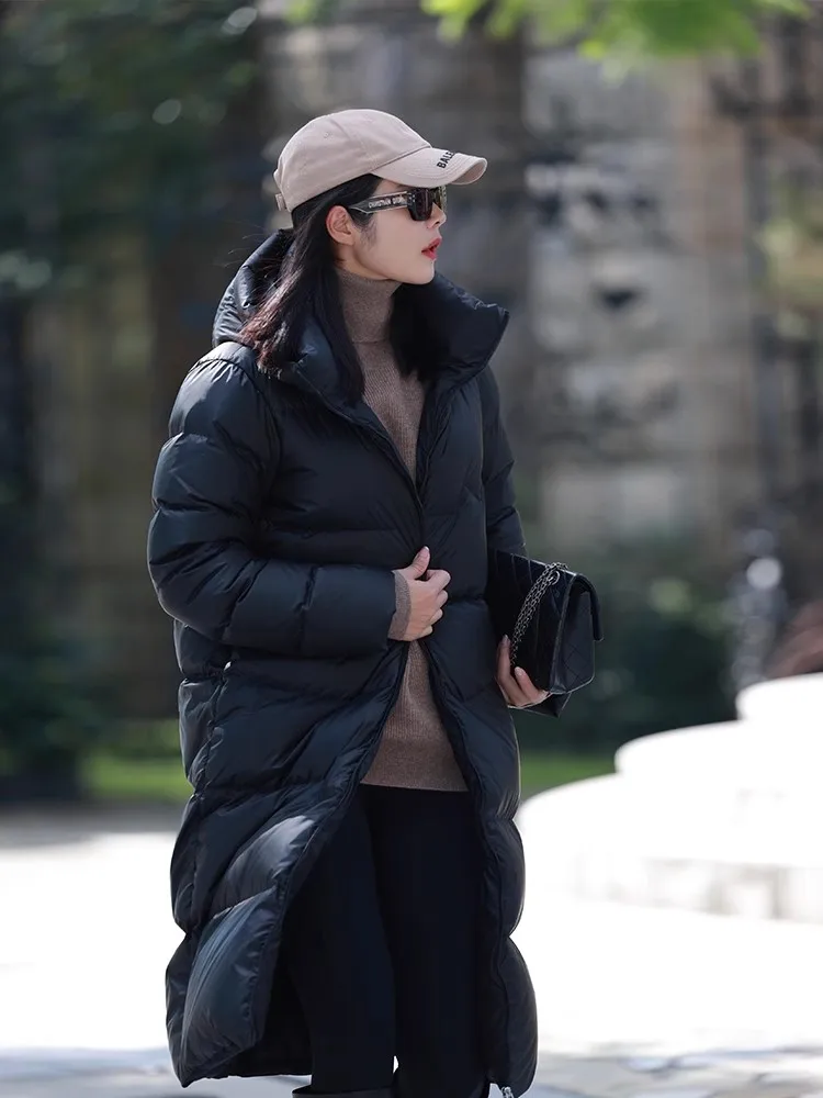 Inverno thiened branco ganso para baixo com capuz jaet feminino comprimento médio puffer casaco sli versátil emagrecimento quente outerwear