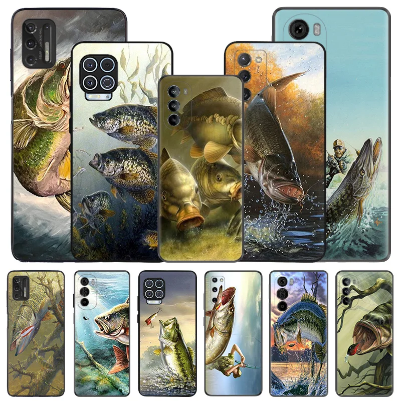 Soft Phone Cases For Motorola G53 G73 G9 G50 G51 G60 G71 G22 G32 G52 G72 Edge40 20 30 River Carp Fishing Art Black Matte Cover