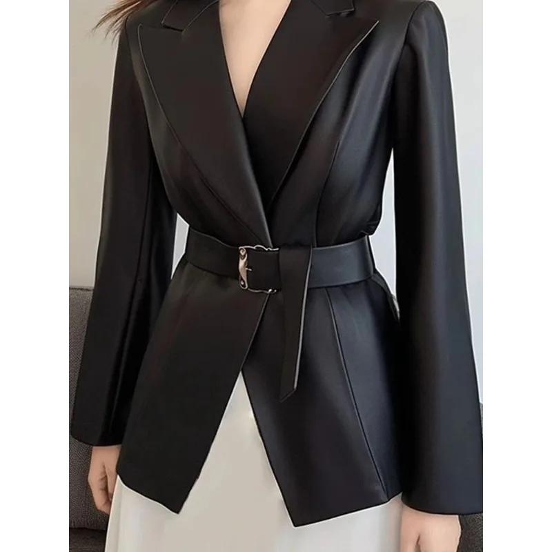 Korean Wear High-end Atmospheric High-grade Top Light Luxury High-end Sense Versatile Black Suit Leather Jacket Women's Autumn