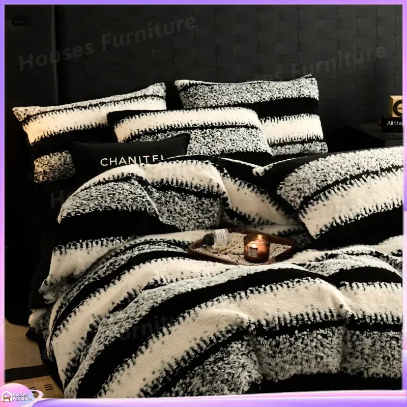 Light luxury winter thickened warm milk fleece bed four-piece set new flange coral fleece bed sheet quilt set three-piece set
