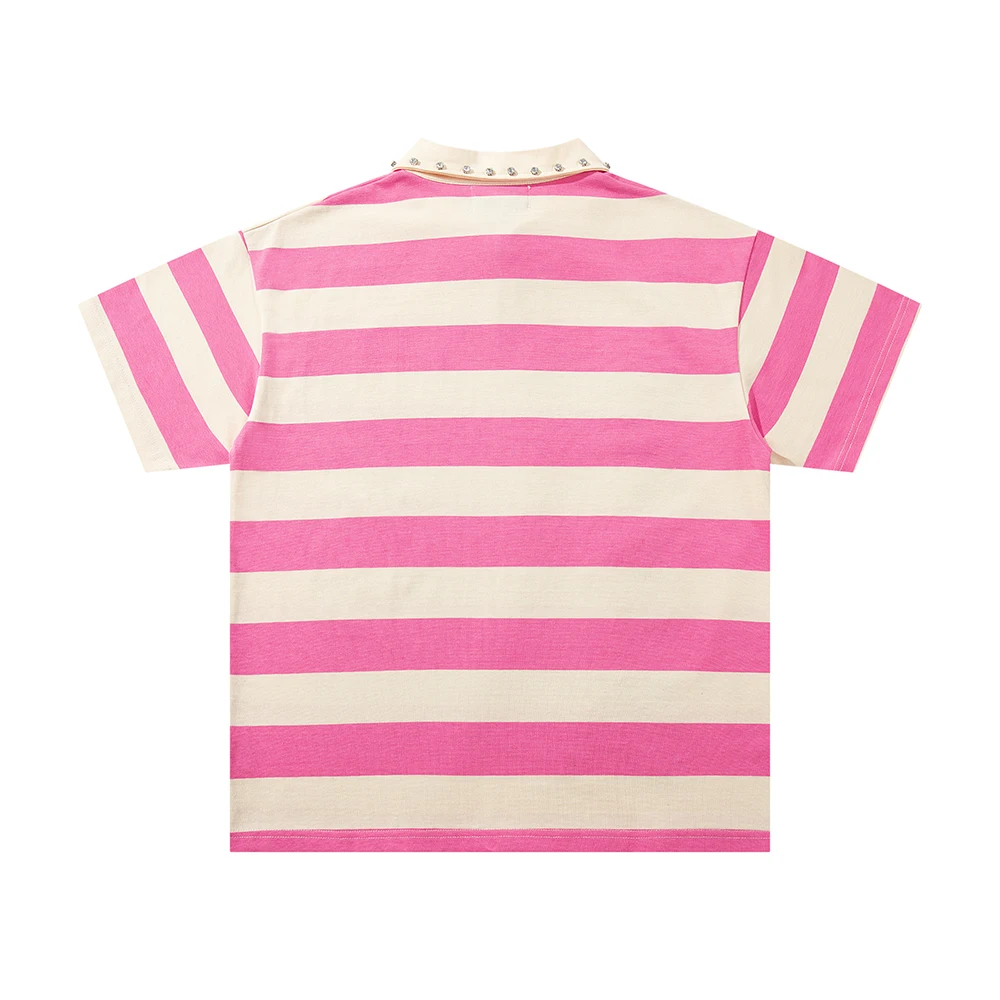 Color Match Striped Shinning Diamond Polo Shirts for Men Patchwork Streetwear Cotton High Quality Summer T-shirts Oversized