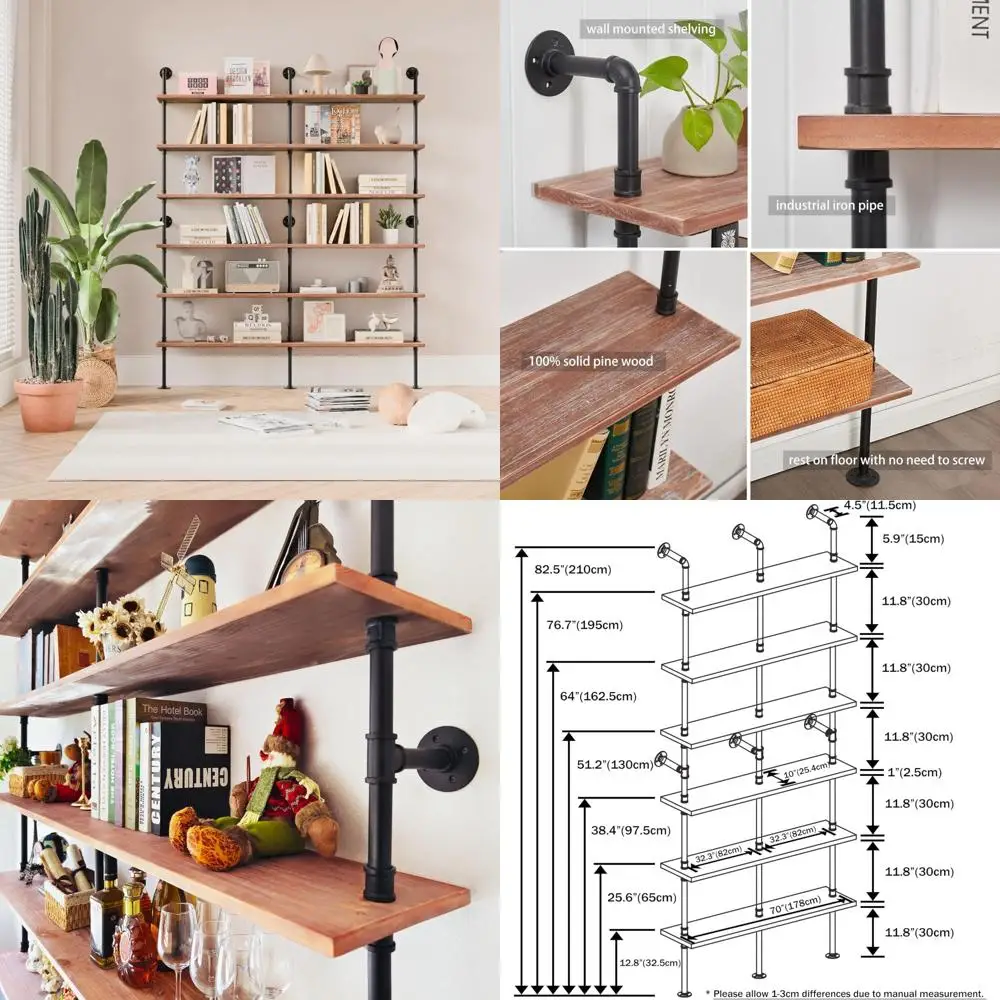 

Rustic Wall-Mounted Industrial Bookshelf with Metal Pipes for Living Room Storage